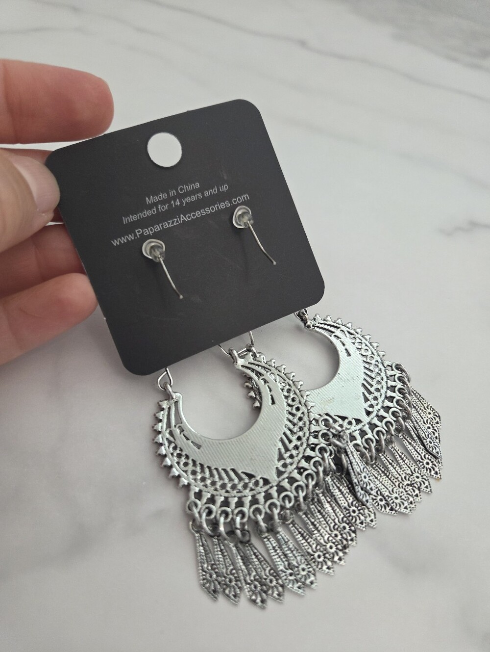 ​Paparazzi Silver Boho Crescent Fringe Statement Earrings Yellow Accents - Picture 4 of 11